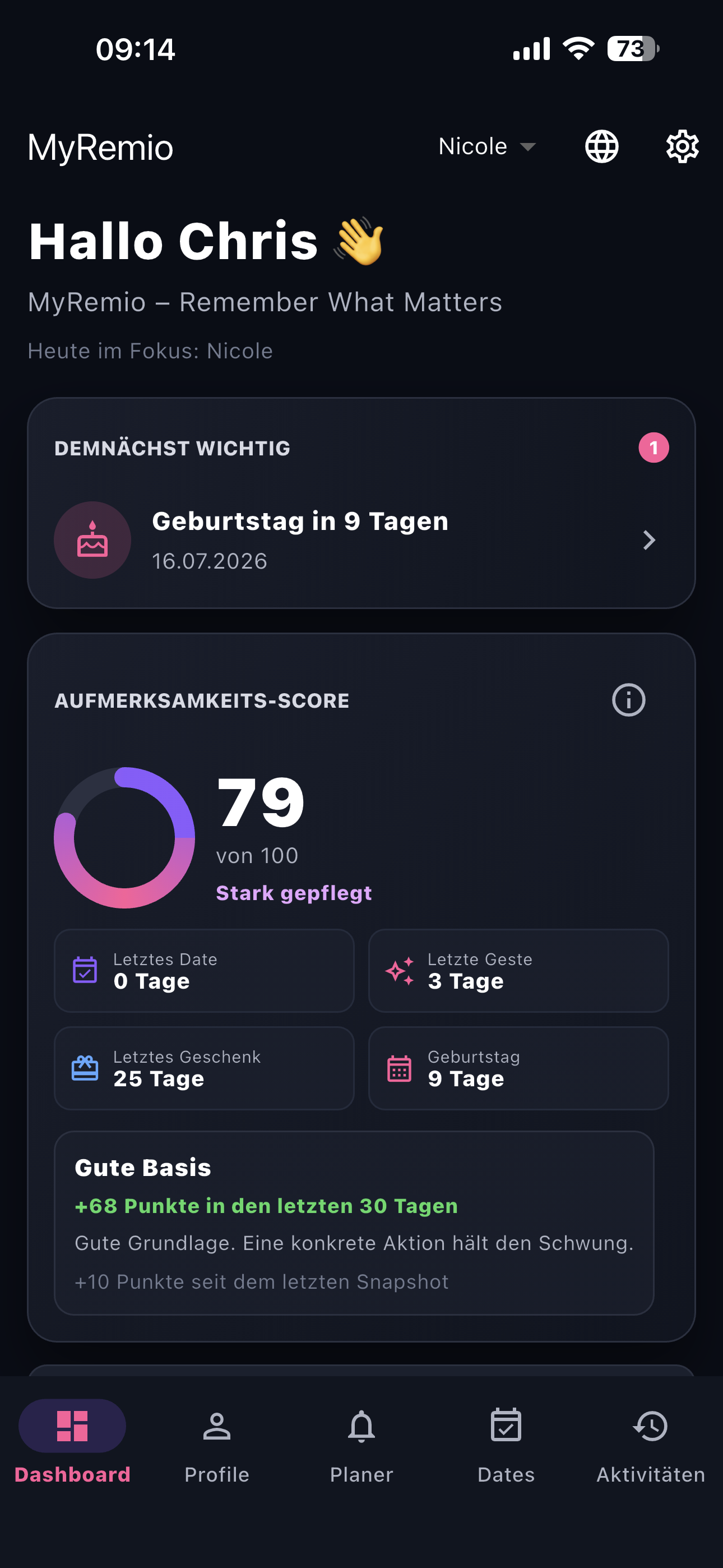 MyRemio Dashboard mit Geburtstagserinnerung und Aufmerksamkeits-Score